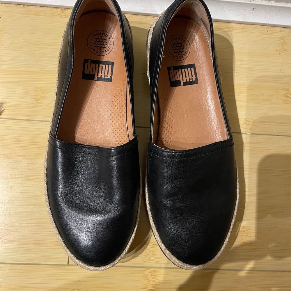 FitFlop Siren Black Leather Espadrille‎ Slip-Ons size 6.5